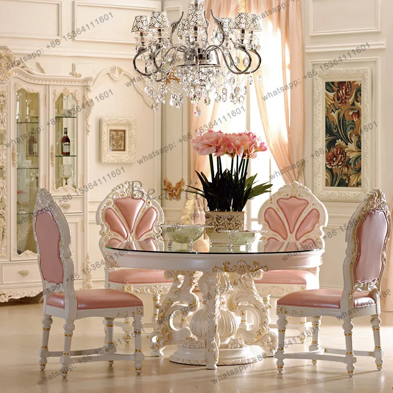 

French Court High-end Dining Table Furniture European Ivory White Round Dining Table and Chairs Combination