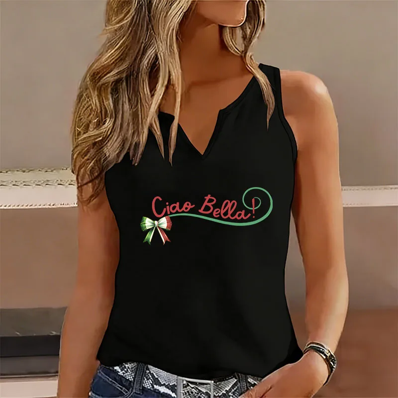 Casual Fashion Y2k Ciao Bella Printed Sleeveless Tank Top T-shirt V Neck Vest T Shirts Women Tee Shirt V-Neck