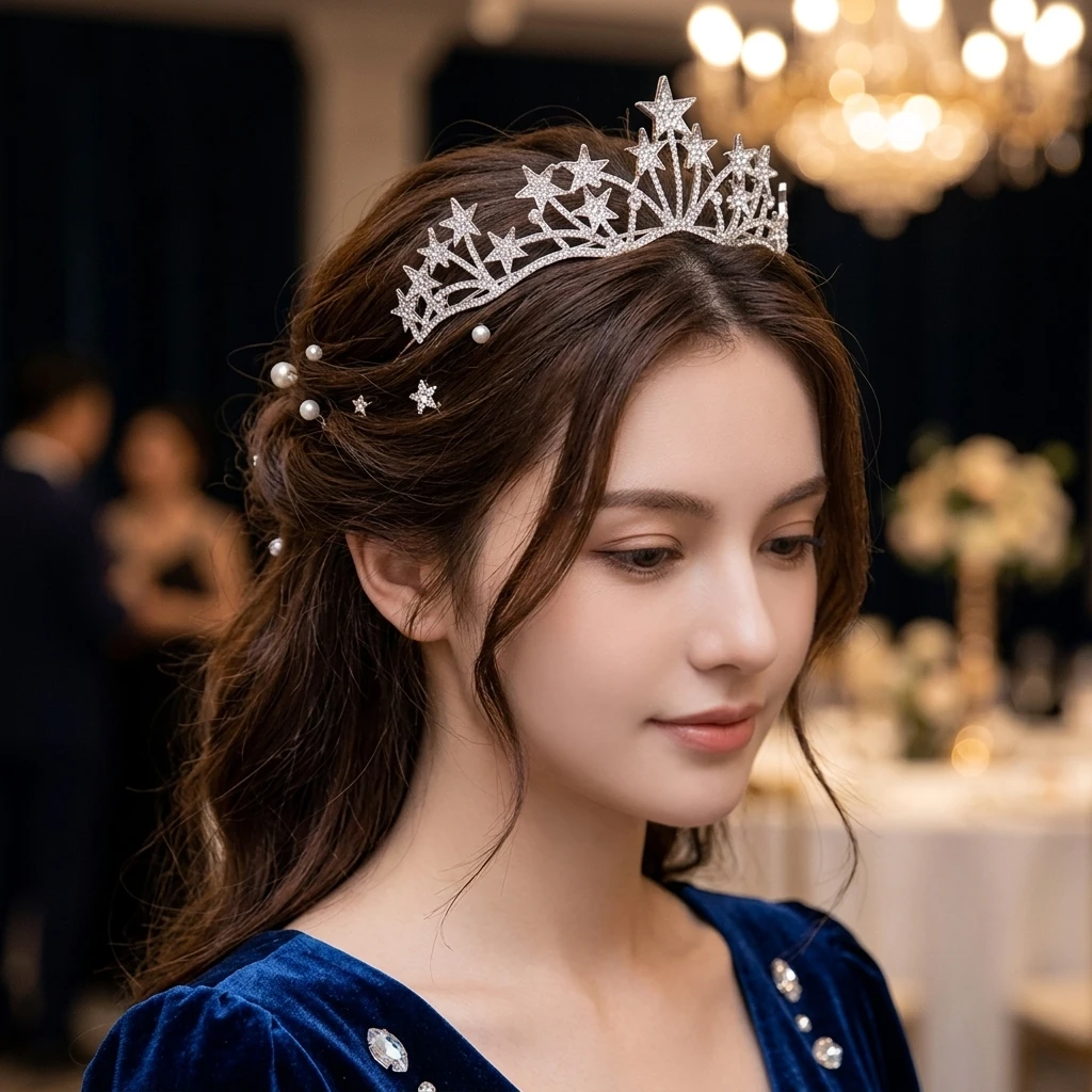 Bridal Tiaras Headpiece Gold/Silver Color Alloy Crystal Star Design Vintage Crown for Wedding Bridal Party Evening Banquets
