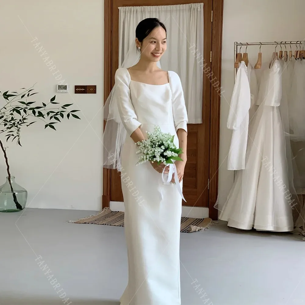 Elegant Satin Sheath Wedding Dress Korean Style Simple Three Quarter Sleeves Ankle Length Zipper Bridal Party Gown 웨딩드레스 TSWD532