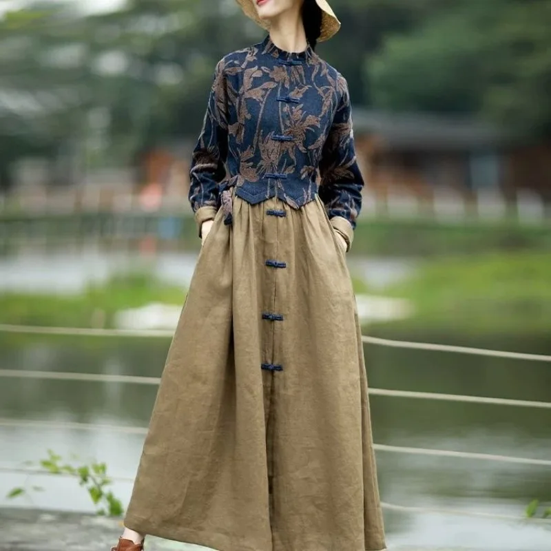 

Spring and Autumn New Art Retro Ethnic Style Dress Women High End Linen Slim Womens Dress Fashion Temperament Splicing Dresses