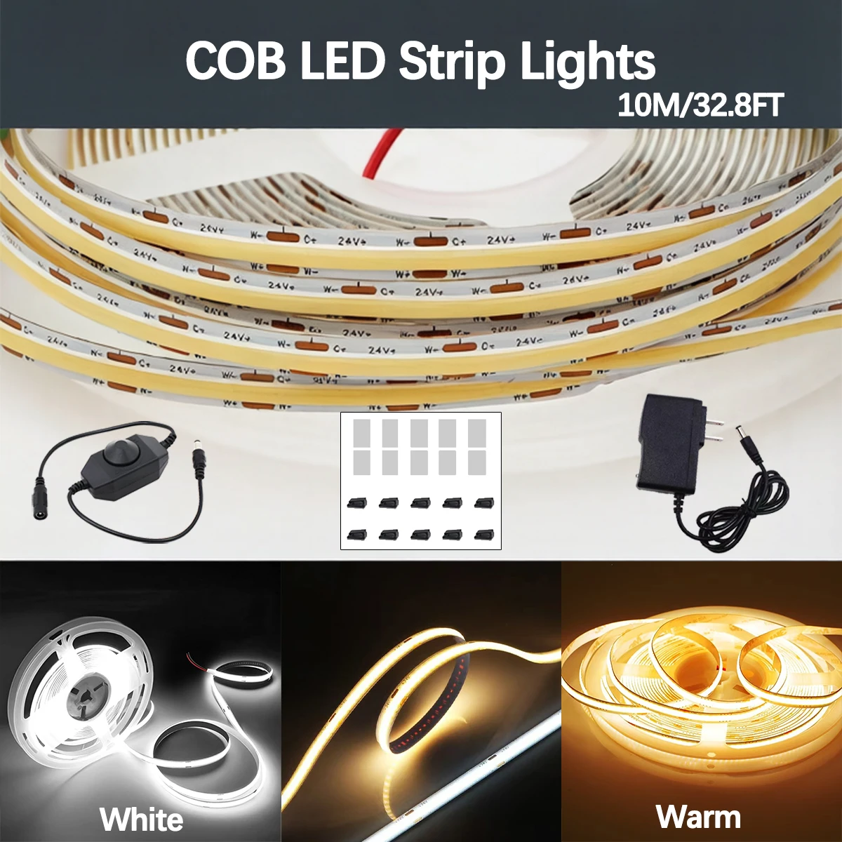 

24V White/Warm COB LED Strip Lights 10M/32.8ft Dimmable Cuttable Flexible Uniform Light Tape for Home Kitchen Cabinet