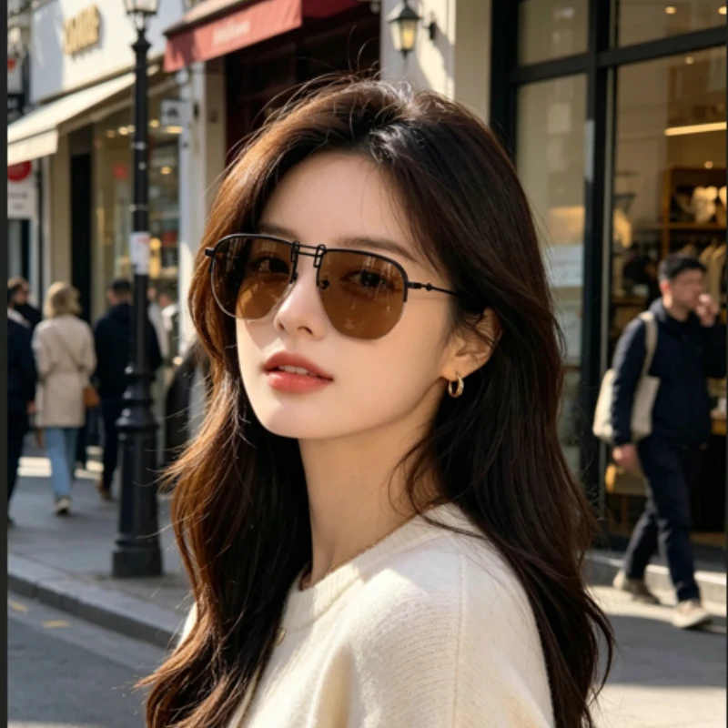 Fashion Metal Half Frame Women's Outdoor Street Shot Sunglasses Classic Double Beam Traveling Sunshades Driving Hiking Glasses