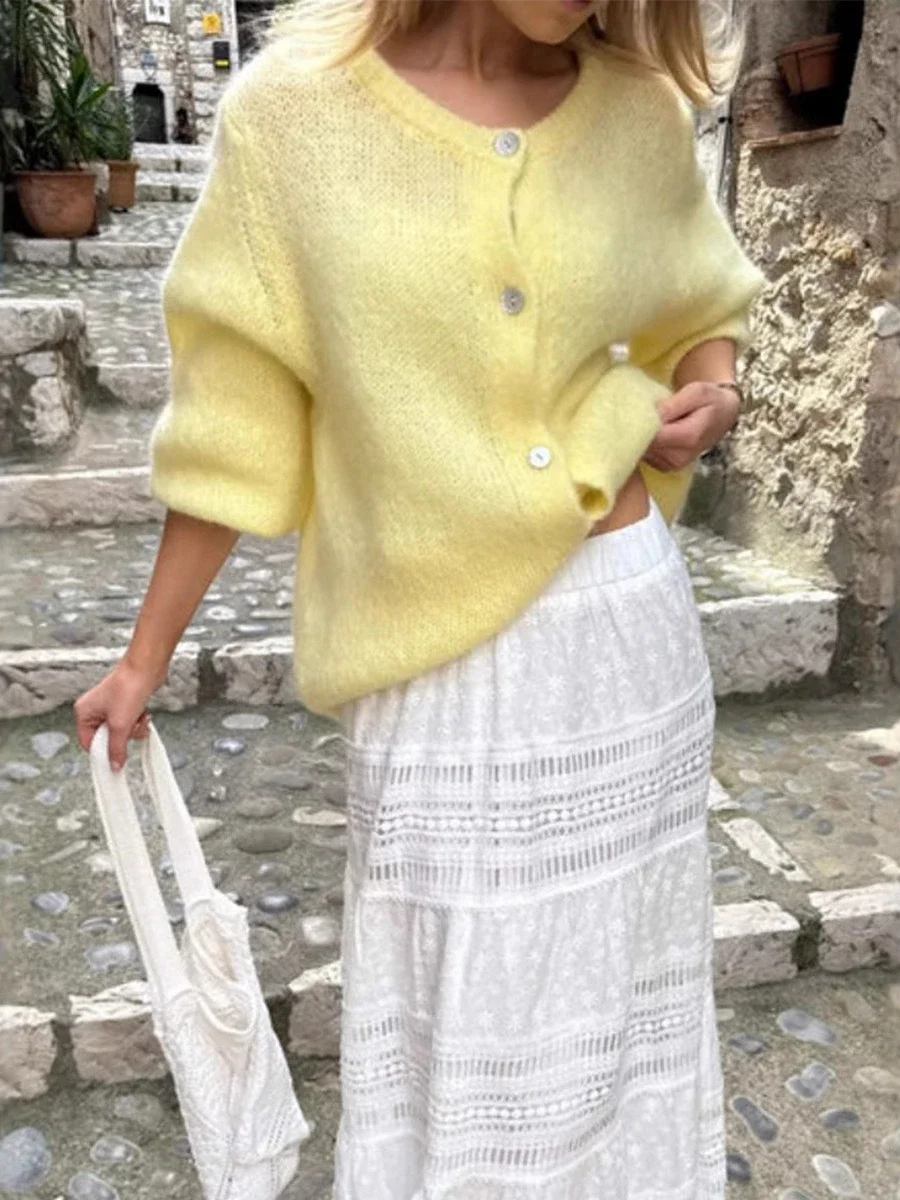 

Women's New Knit Cardigan Long Sleeve O-Neck Button Up Loose Fit Soft Mohair Blend Spring Autumn Fashion Sweaters