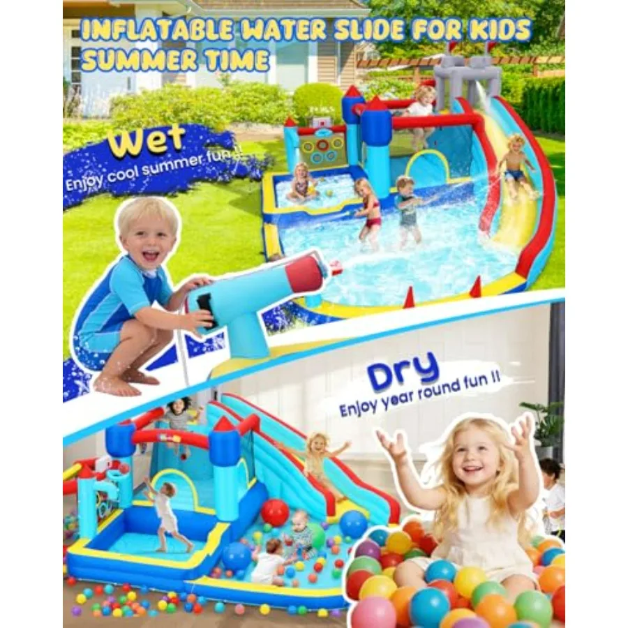 Backyard birthday party inflatable water bounce house, PVC blue with splash pools, water cannon spray belt, 15x14 FT, 750W blow