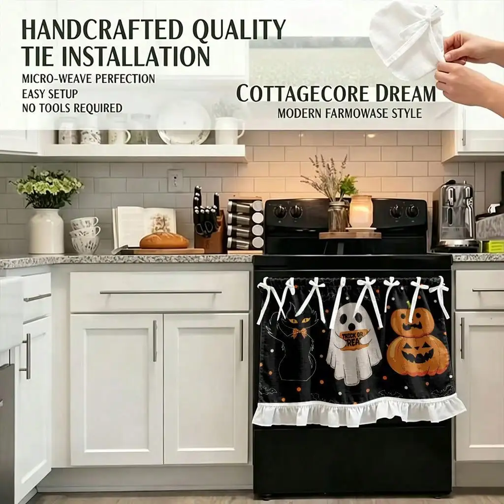2D Flat, 1pc Retro Blackout Kitchen Valance Curtain with Hanging Suitable for Dishwasher Microwaves Cabinet Sink, Suitable for Stove Oven, Machine Washable Suitable for Cat Pumpkin Pattern, Window for Home