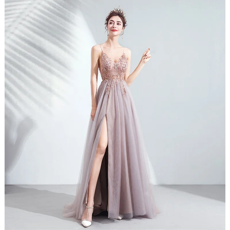 

New Pink Evening Gown Wedding Dr High Slit owcased at Year End Ceremony Princ Skirt Sle Wedding Dr