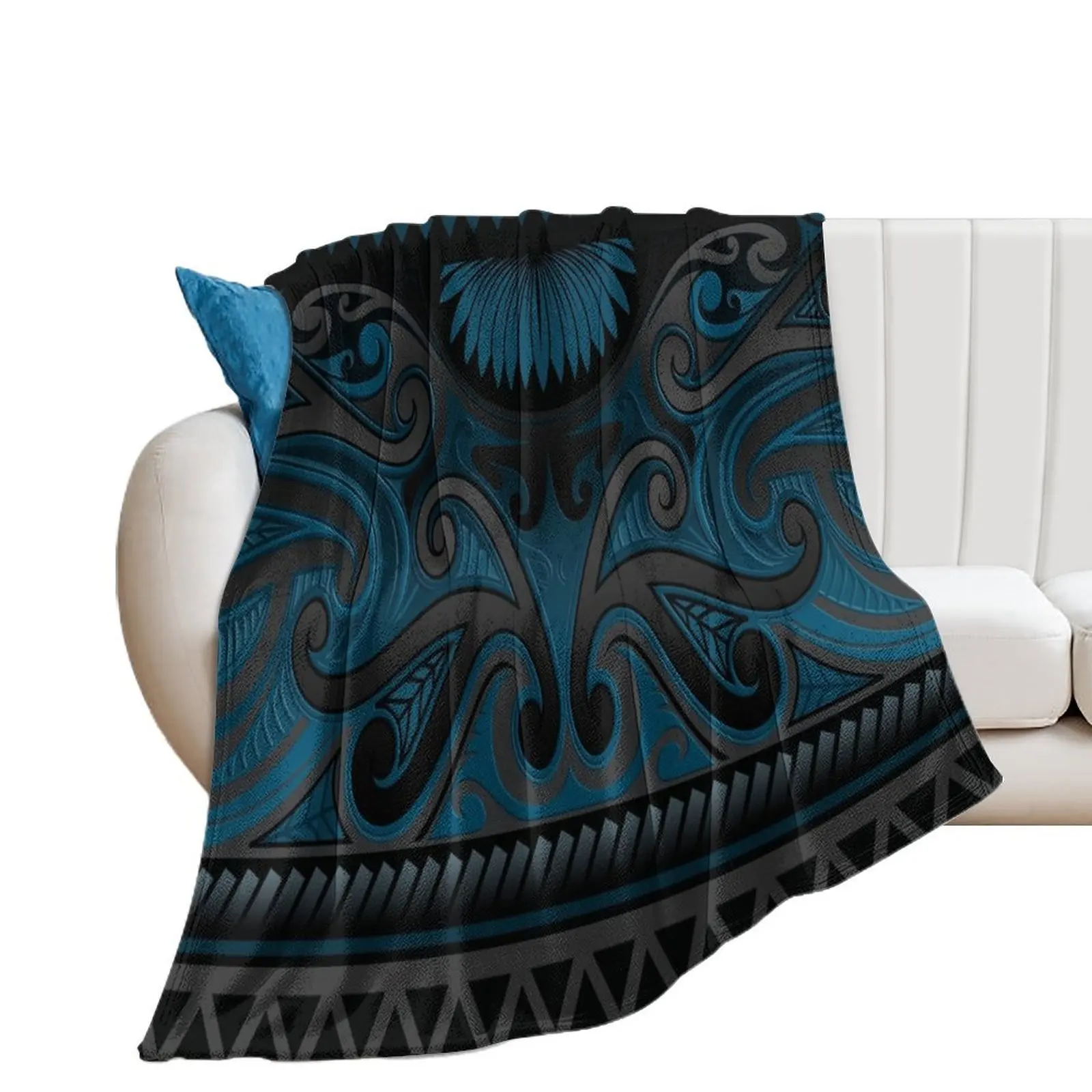 

Blue Grey Ornate Maori Design, New Zealand Throw Blanket Thin Beach Blankets