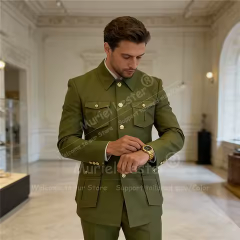 Arm Green Suits Men Safari Style Jacket Pants 2 Piece Sets Customized Single Breasted Man Blazers Terno Masculinos Completo 2026