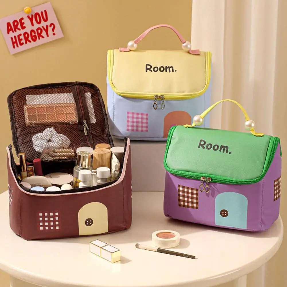 Cute House Makeup Bag Large Capacity Travel Cosmetic Organizer With Handle Portable Skincare Storage Bag For Girls Student