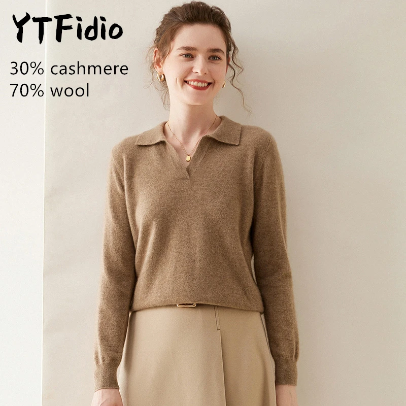 YTFidio Cashmere Merino Wool Sweater Women Long Sleeve POLO-neck Casual Jumpers Solid Knitwear Pullover Tops 103