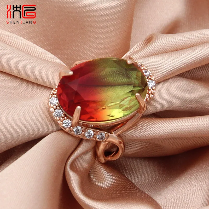 SHENJIANG New Fashion 585 Rose Gold Color Egg Shape Oval Imitation Tourmaline Rings For Women Wedding Party Trendy Jewelry