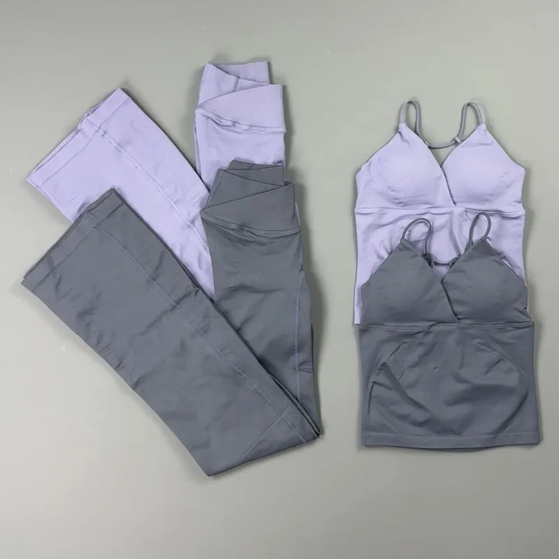 2 Piece Sports Set Women Back Tie Thin Strap Tank Top Crossover Waist Flare Yoga Pants Bootcut Leggings Gym Pilates Workout Suit