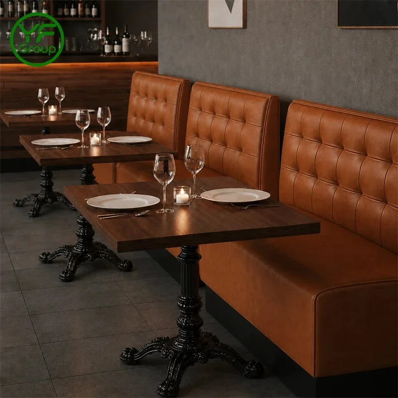 Custom Tufted Button Restaurant Furniture Booth Seating PU Leather Wooden Table and Chair Set for Bar Hotel