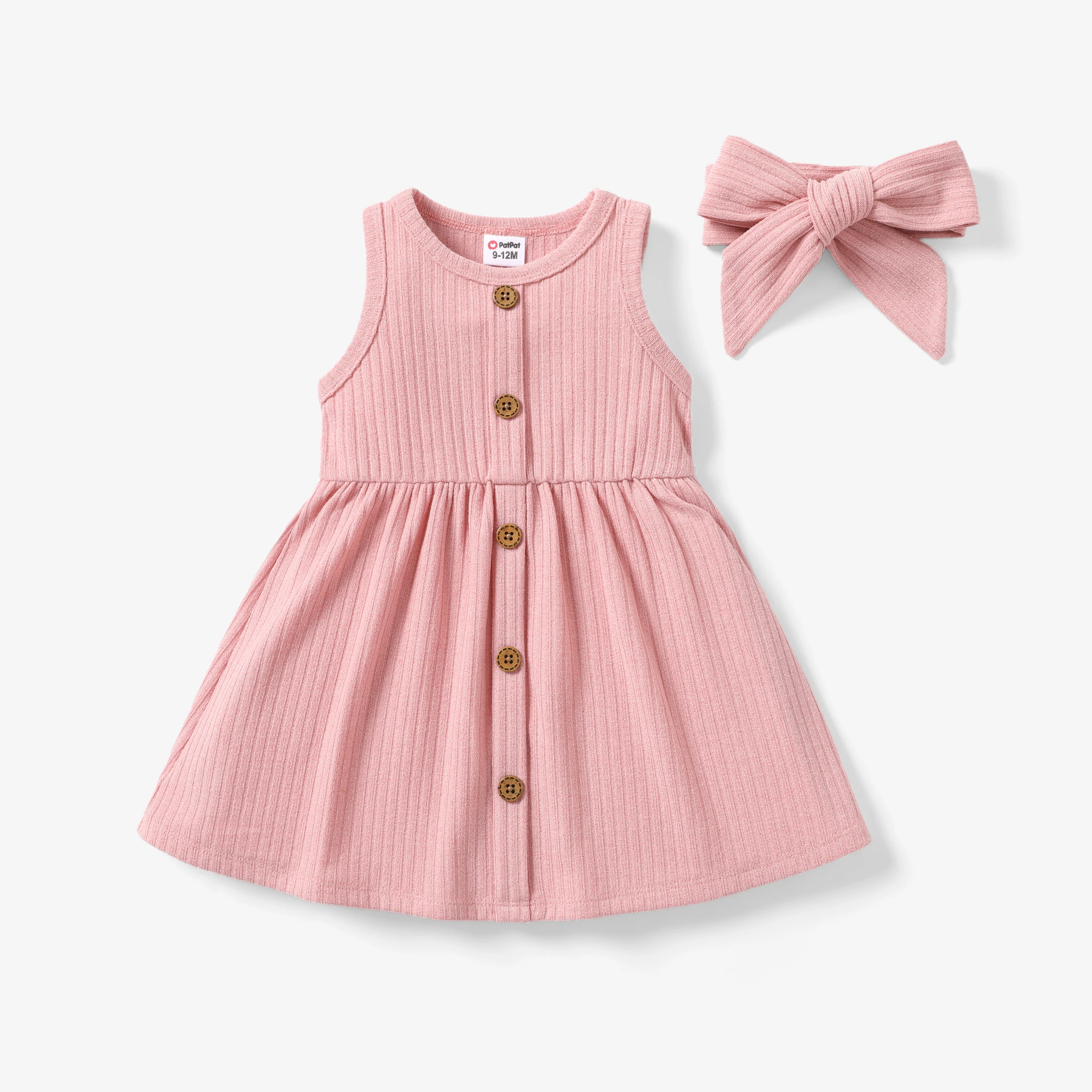 

Baby Girl Casual Button Design Textured Dress with Headband