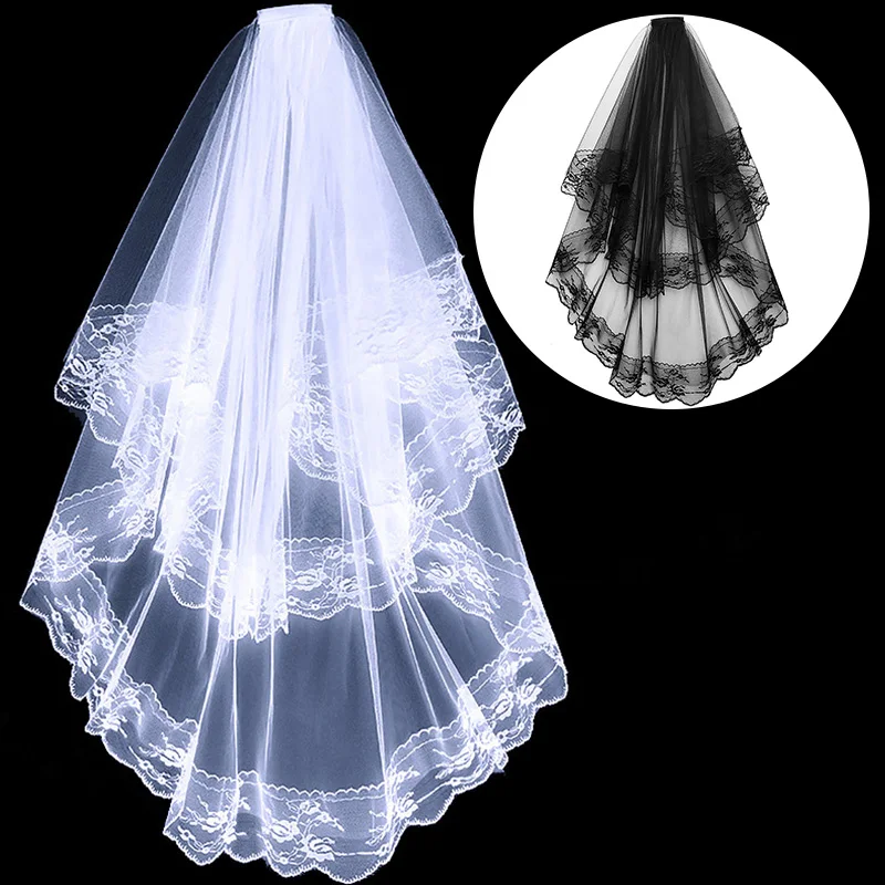 New Black White Lace Bridal Veils with Comb Short Two Layer Elegant Women Wedding Veils for Bride Marriage Accessories