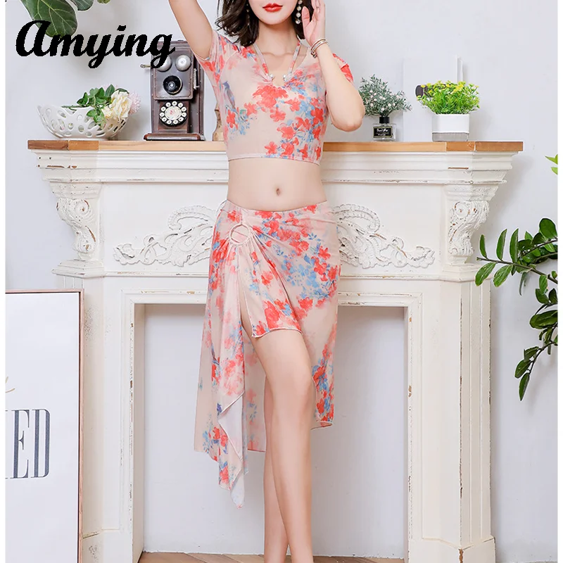 Women Sexy Top+Split Skirt Costume Set Oriental Dance Practice Training Performance Floral Clothing Beautiful Flower Skirt