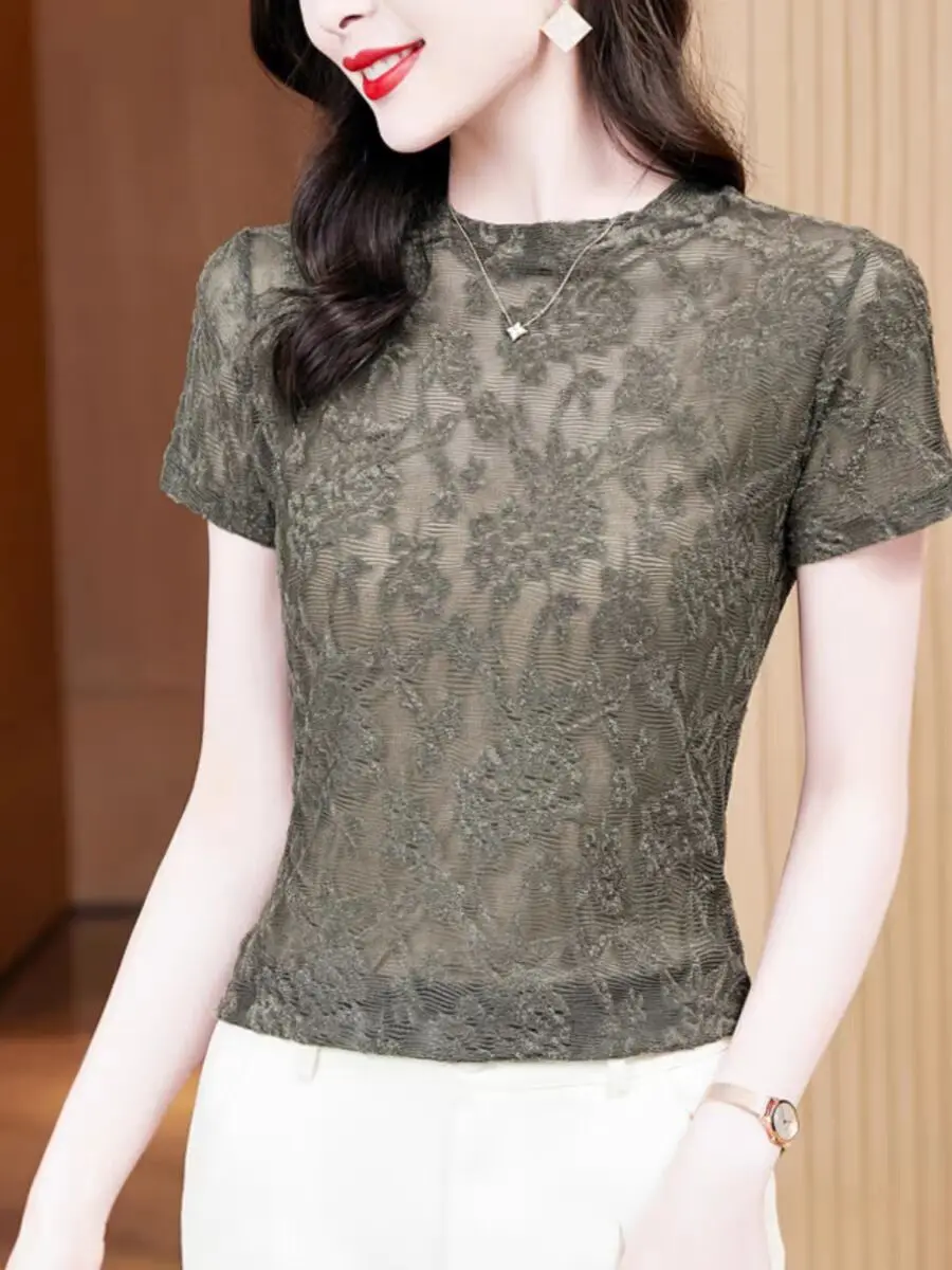 Summer Trend All-match Woman Lace Solid Sheer T-shirt Office Mesh Sheer Bottoming Round Neck Silm Short Sleeves Female M-3XL