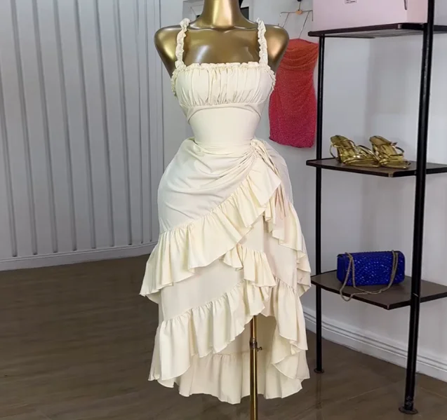 

New sweet and fresh camisole high waist slimming ruffle hem dress