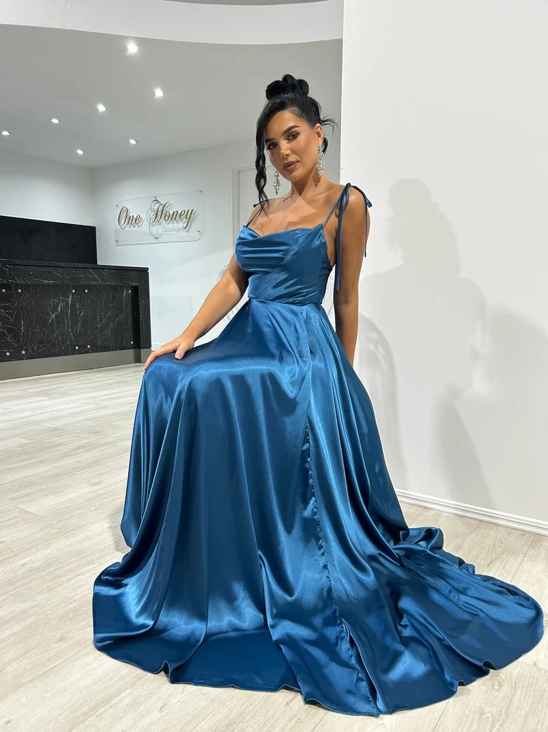 Ladies Navy Blue A-line Long Satin Evening Dresses with Adjustable Spaghetti Straps 2024 Sexy Slit Cocktail Prom Party Gala Gown