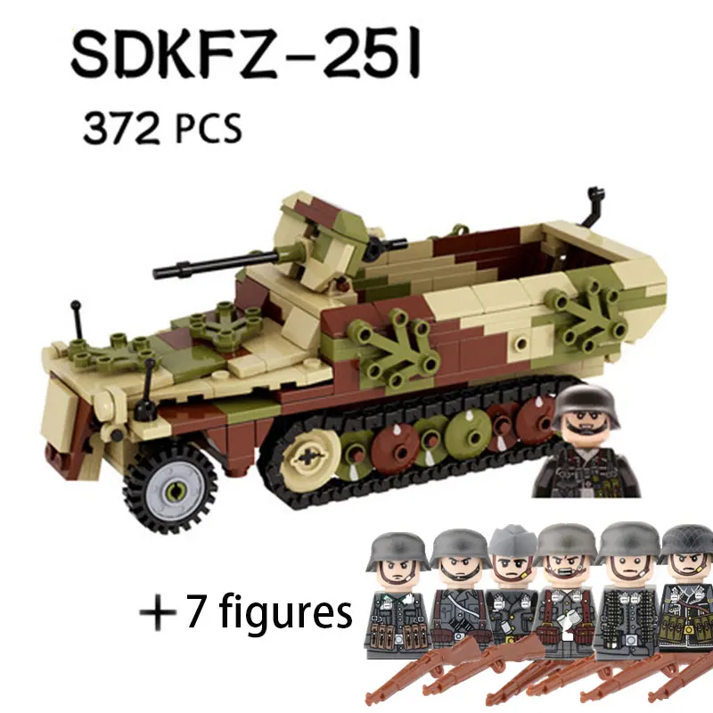 WWII German SDKFZ251 Tank Cannon MOC Building Block Soldier Figure Military Army Rockets Gun Modle Weapon Accessories Bricks Toy