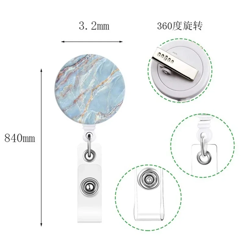 Marble Pattern Retractable Badge Reel Shiny Glitter ID Badge Holder Alligator Clip Name Tag Nurse Doctor Work Card