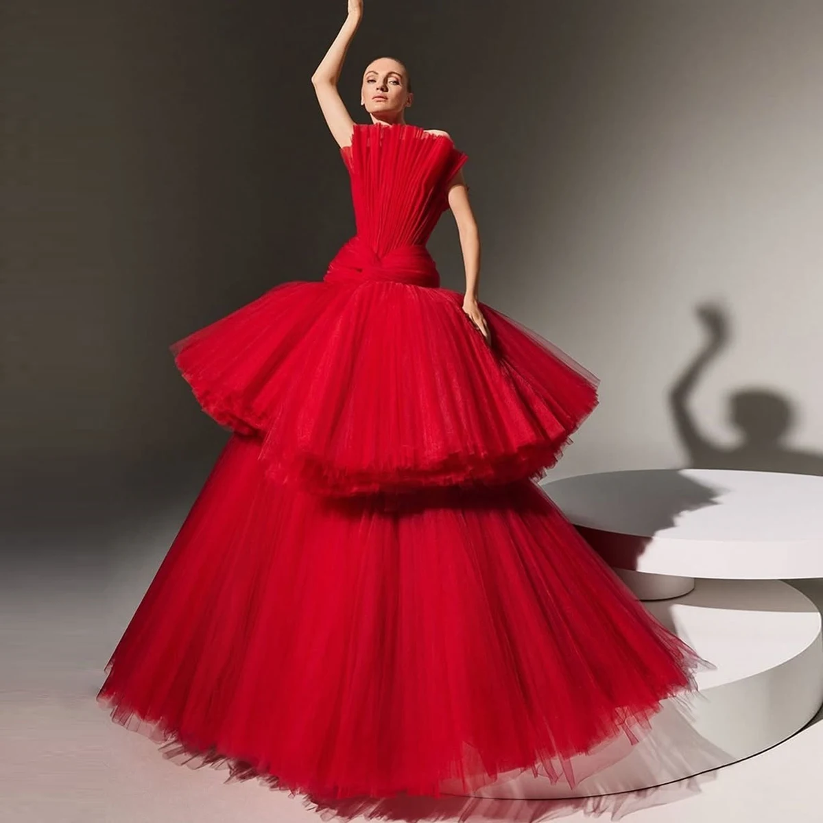 

Tiered Tulle Women Holiday Event Formal Dress Extra Puffy Gowns 2025 Collection Maxi Prom Gown Flame Red Ball Gown Party Dresses
