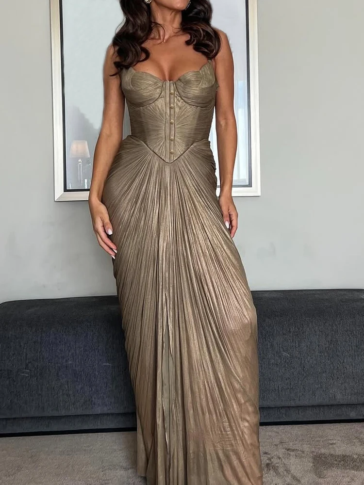 فستان ماكسي أنيق بحزام سباغيتي صيفي للسيدات، فستان حفلات أنيق بدون أكمام برباط للعطلات، فستان أنيق للسيدات لعام 2025 بدون ظهر