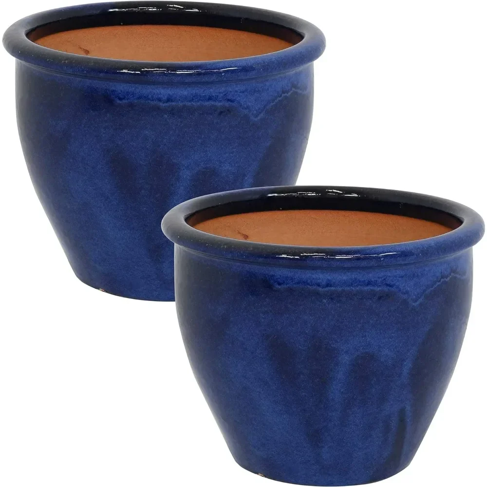 Ceramic Indoor/Outdoor Planter - UV- and Frost-Resistant - Imperial Blue Glaze Finish - 12-Inch Set of 2