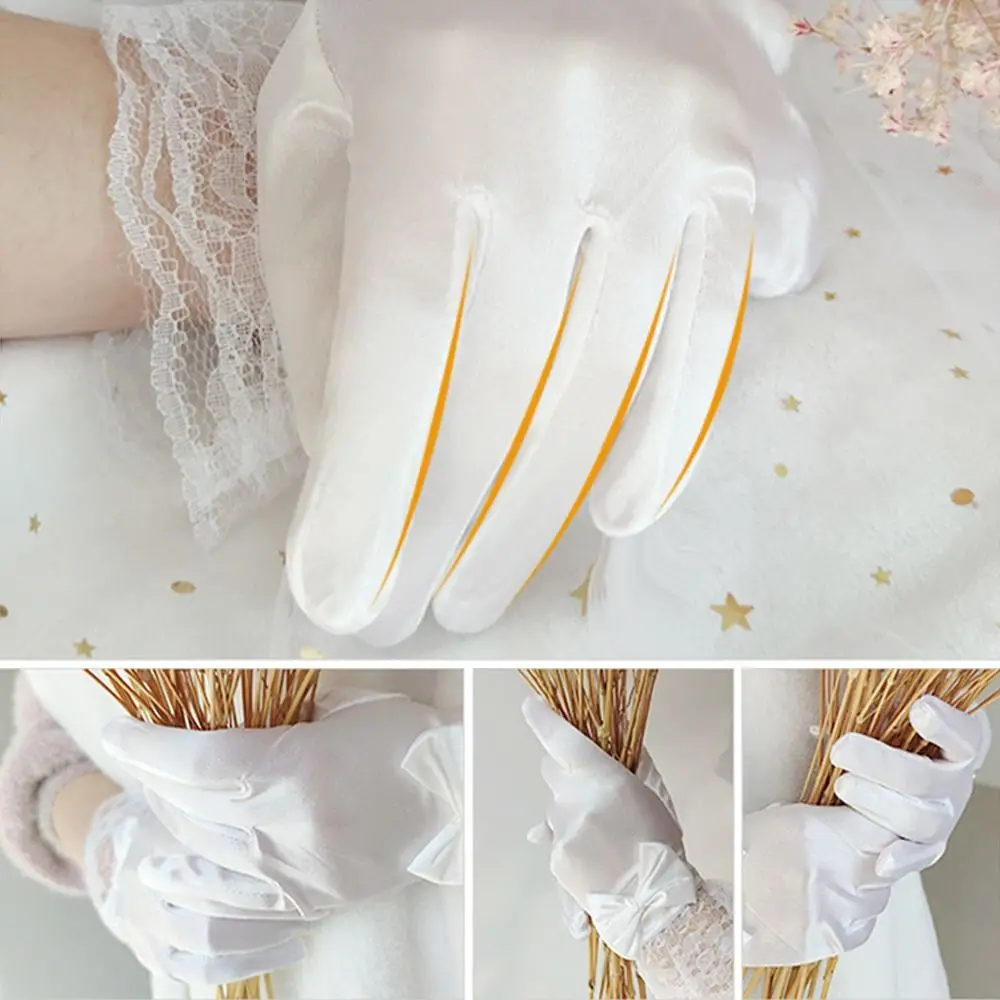 

Creative White Children's Wedding Gloves Bow Knot Short Etiquette Dress Gloves Glossy Satin Elastic Dance Gloves Holiday
