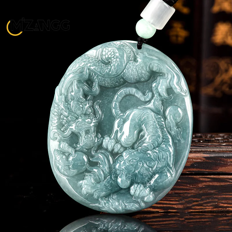 Natural Jadeite Blue Water Dragon Tiger Pendant Hand-carved Exquisite Luxury Ice Jade Necklace Men and Women Holiday Gift