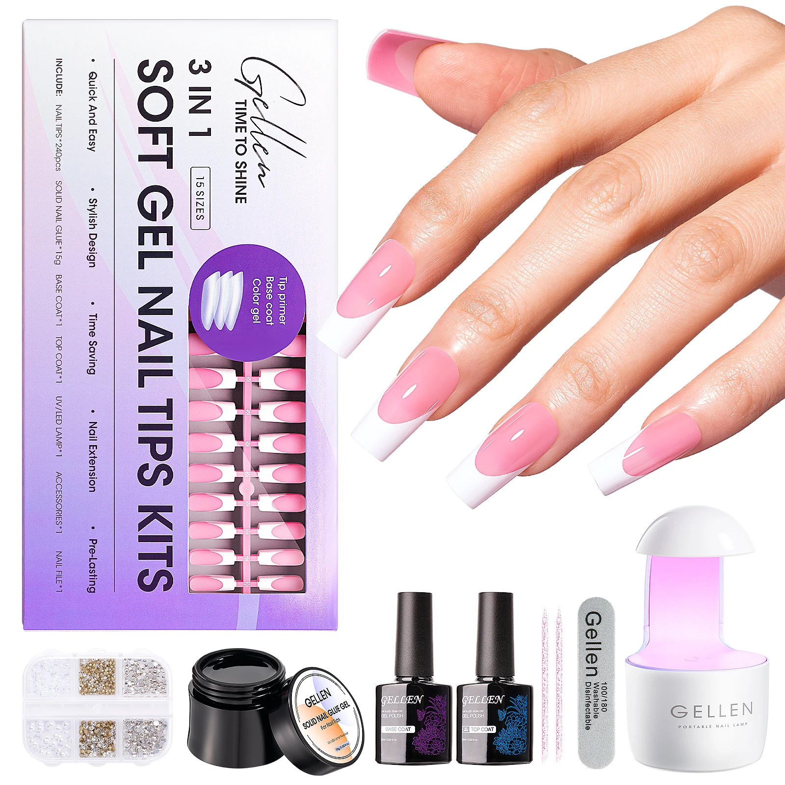 

GELLEN French Tip Press On Nails 240pcs Long Square Soft Gel False Nails Kit Nail Extension Glue Included Trending Almond Shape