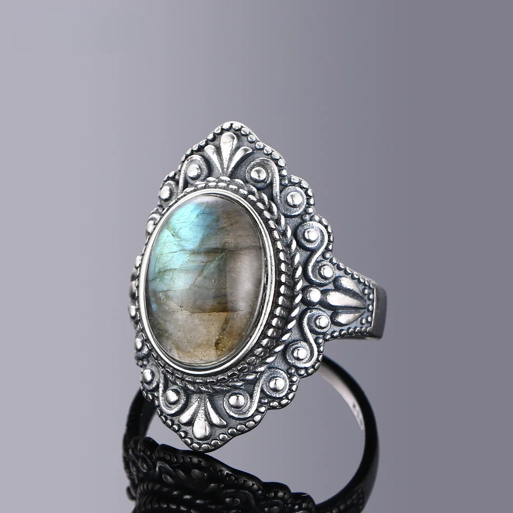 Women\'s Jewelry S925 Silver Ring Oval Natural Labradorite Rings Finger Ring Retro Black Agate Rings Jewelry Party Gift