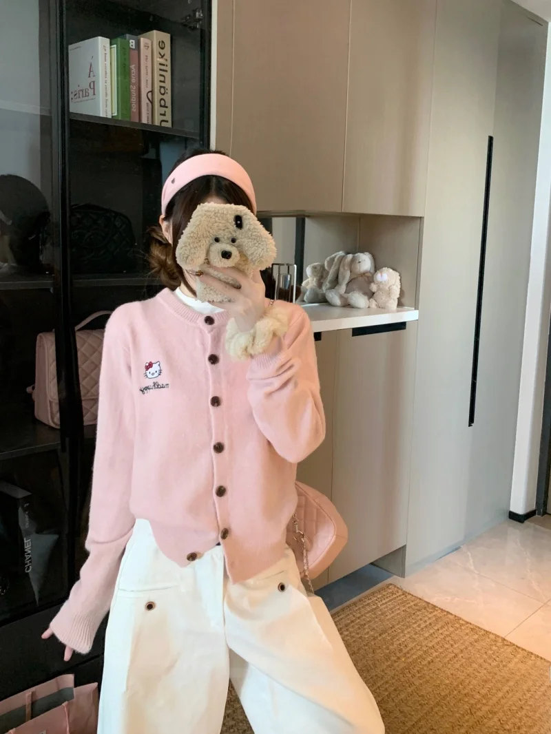 

Очаровательный вязаный свитер с вышивкой котенка, розовый, с круглым вырезом, женский, мягкий, с длинными рукавами, зимний кардиган, антивозрастной топ