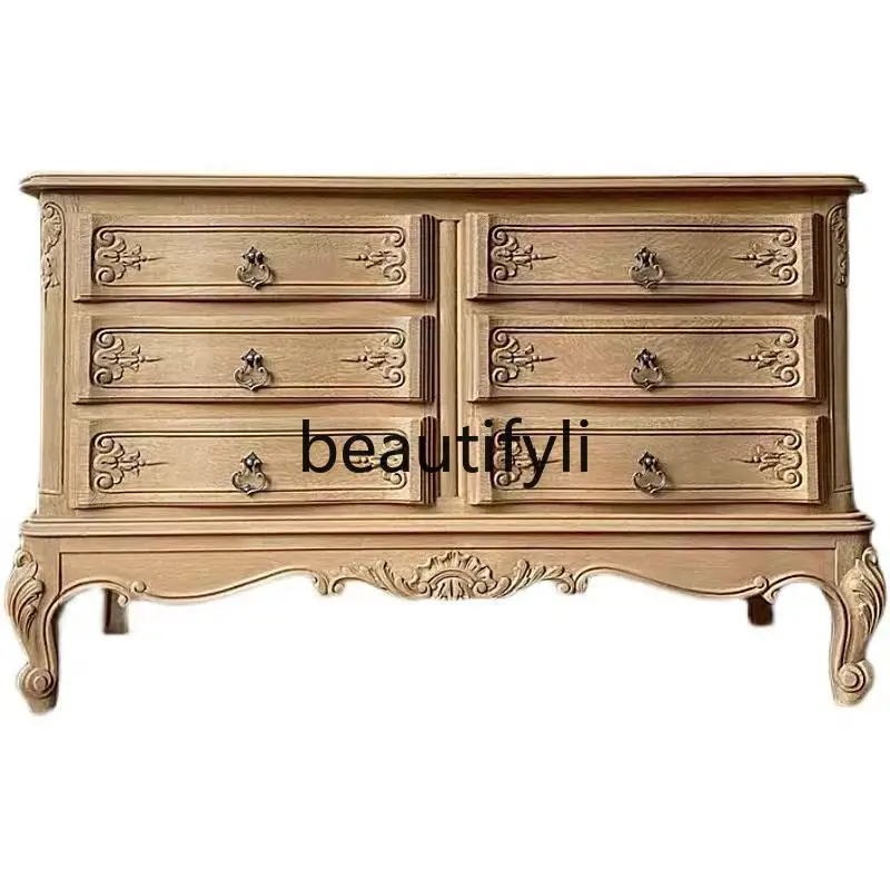 

American country solid wood carving flower decorative cabinet retro old wall oak dining side cabinet