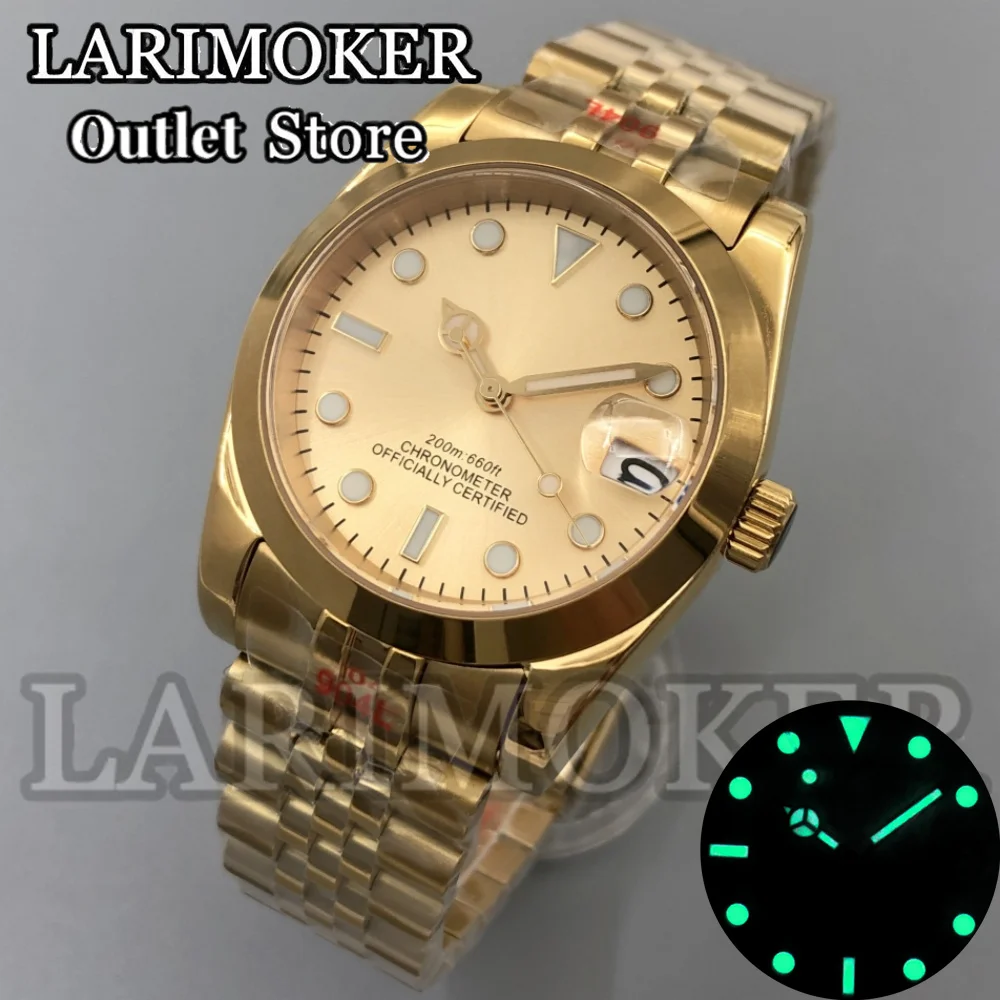 LARIMOKER Alle gouden coating kast 36 mm 39 mm Luxe automatisch herenhorloge Roestvrij staal NH35 Miyota 8215 PT5000 beweging