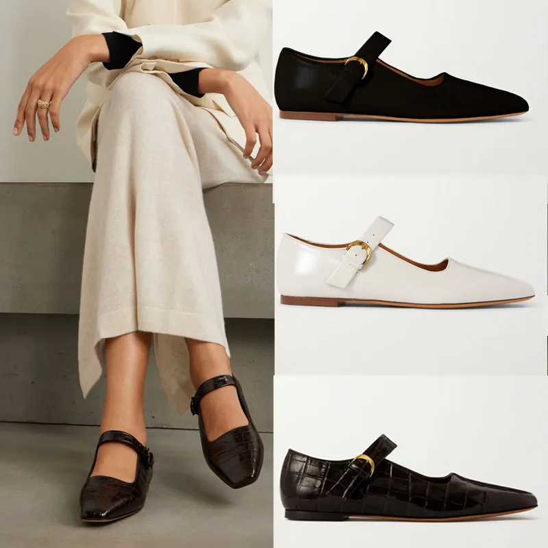 

Square Toe Comfortable Shallow Flat Metal Buckles Soft Leather Mary Jane Loafers Commuting Professional Women Shoes Chaussure