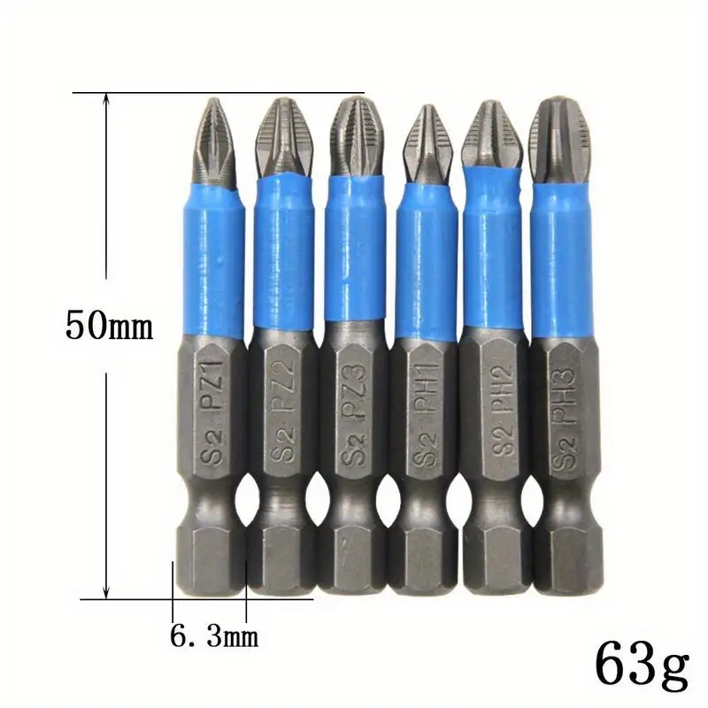 6pcs/Set PH1 PH2 PH3 PZ1 PZ2 PZ3 Hexagonal Handle Anti Skid Electric Screwdriver for Woodworking