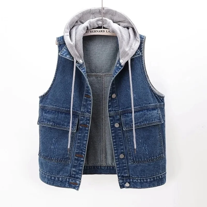 Spring and Autumn Versatile Hooded Cowboy Vest Women's Korean Version Loose Vest Shoulder Casual Jacket Top Woman Outerwear