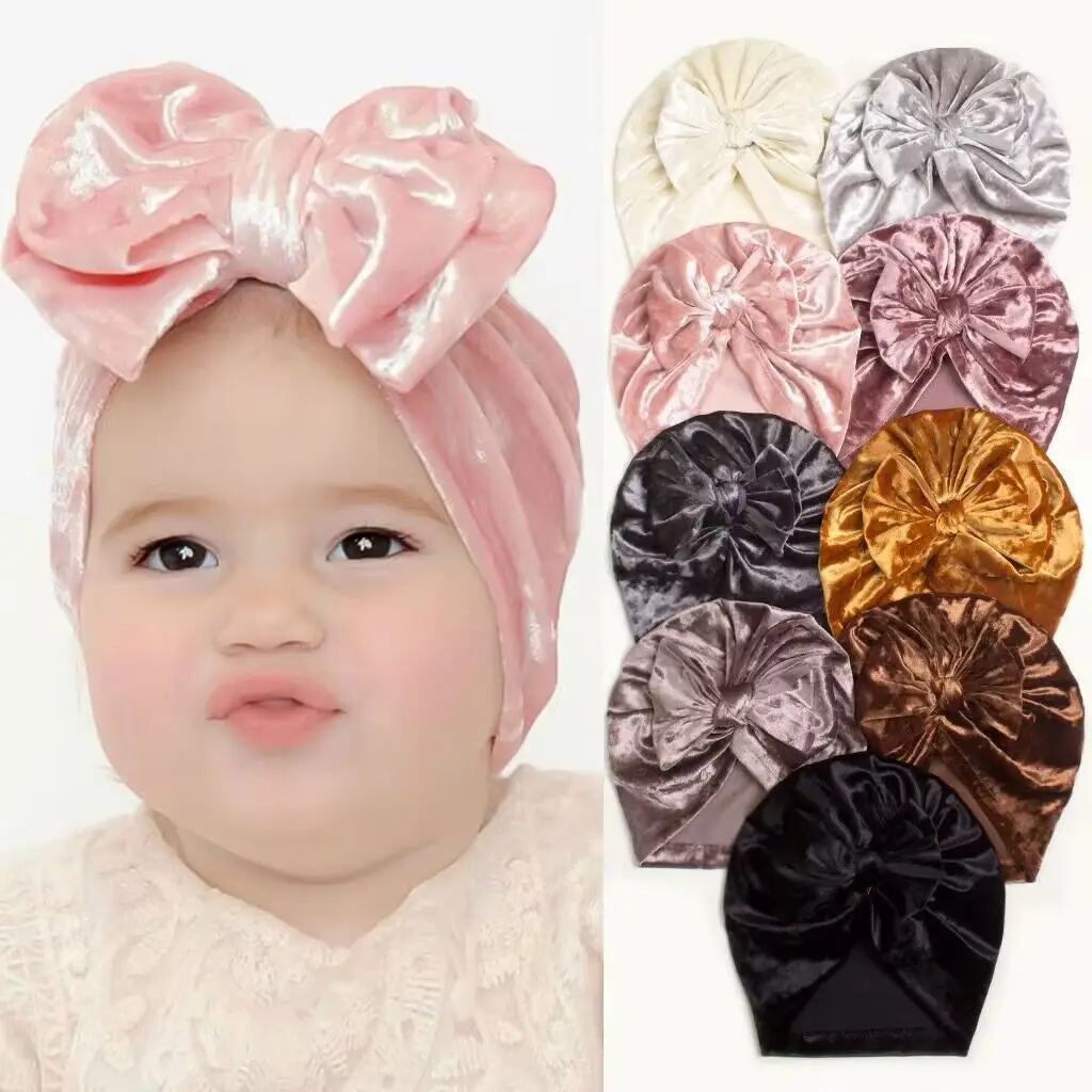 Velvet Babes Bowknot Beanie Caps Bow Hat Girls Velvet Hat Turban Toddler Infant Cap Baby Warm Winter Hair Accessories Headwear