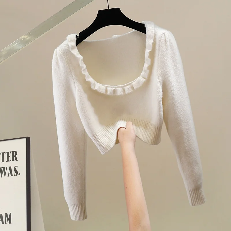 

Модный плотный свитер с деревянным декором и квадратным воротником, свободный крой, индивидуальный дизайн, для женщин, трендовый, для повседневной носки