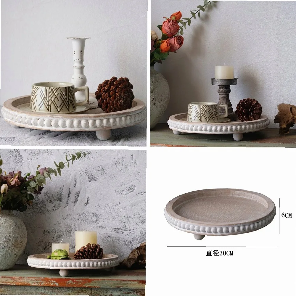 

French Retro Style Wooden Bead Tray Countryside Home Tea Tray Coffee Shop Restaurant Round Storage Display Tray