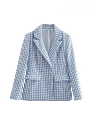 Women Fashion Houndstooth Double Breasted Tweed Blazer Coat Vintage Long Sleeve Flap Pocket Female Outerwear Chic Veste
