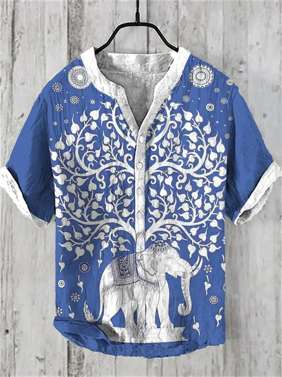 Retro men's new sacred elephant print casual short-sleeved shirt, high-quality linen comfortable material trendy top