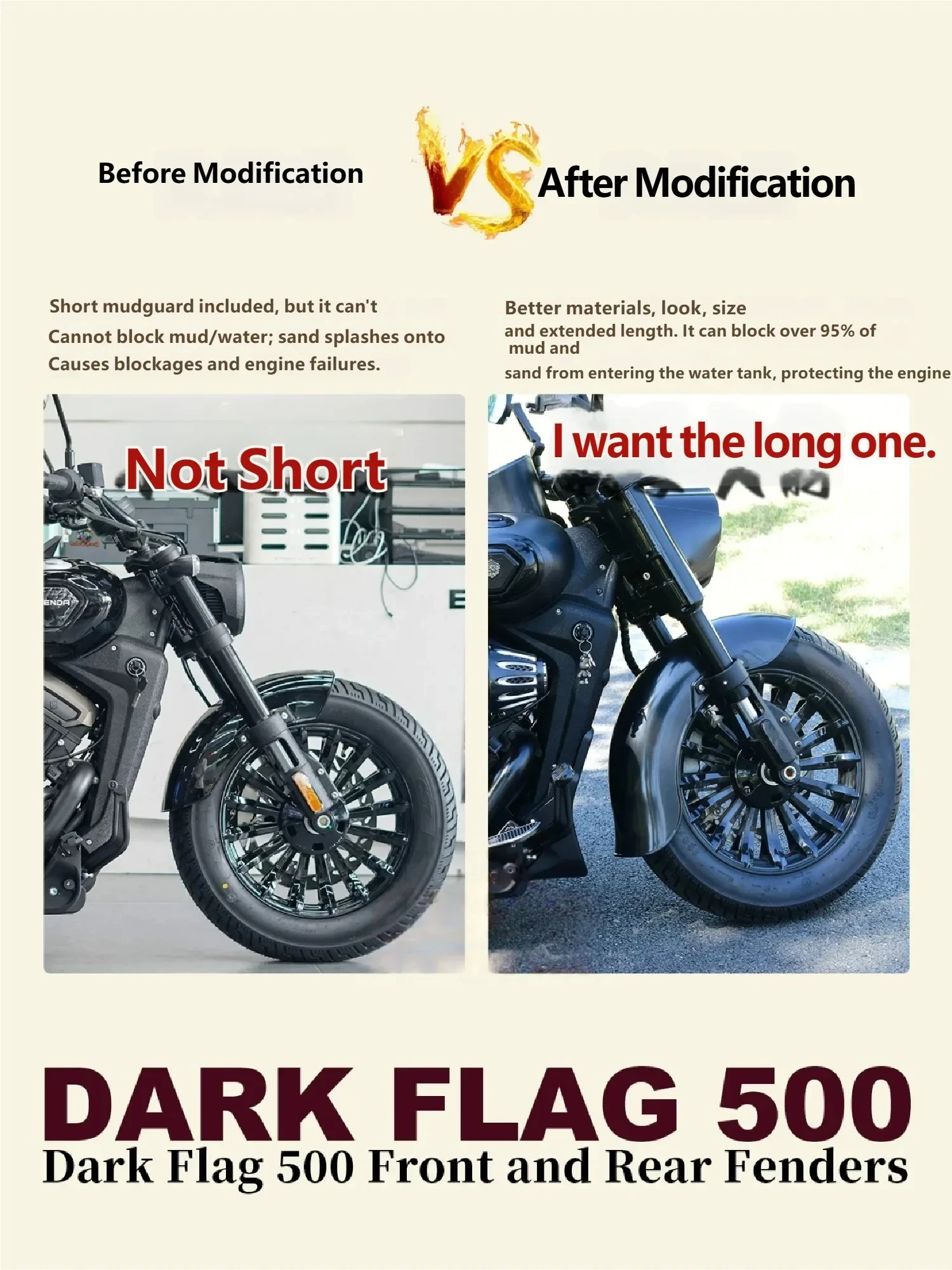 For Benda BlackFlag950 Extended Thickened Front Fender OEM Molded Easy Installation Motorcycle Mudguard Mod Accessories