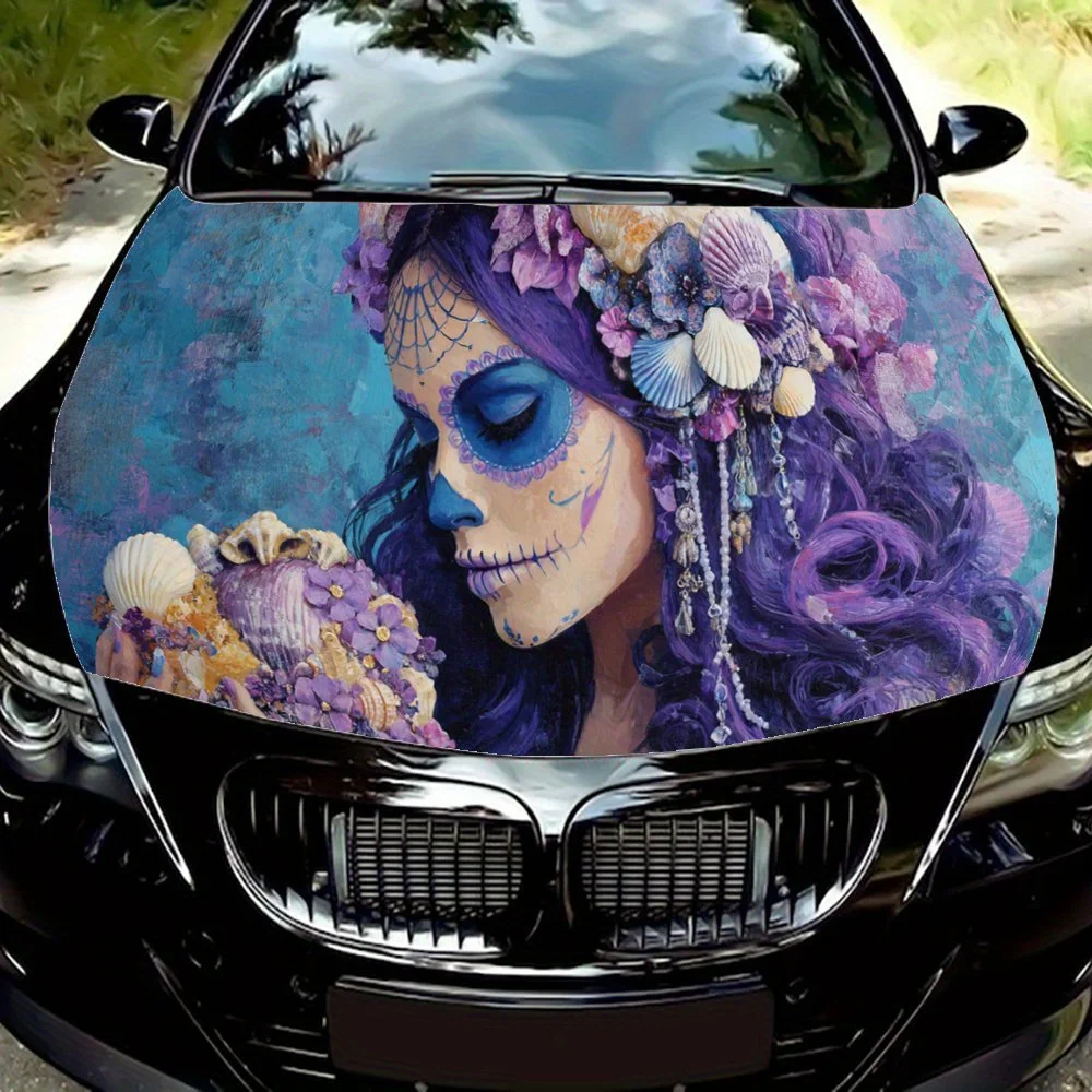 

Gothic Fantasy Skeleton Purple Haired Skeleton with Shell Decor Car Hood Sticker PVC Self Waterproof stick, Striking Auto Exter