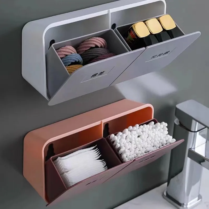 

Wall-mounted Storage Box Cotton Swab Storage Box Plastic Flip Double-grid Dust-proof Makeup Remover Cotton Finishing Box