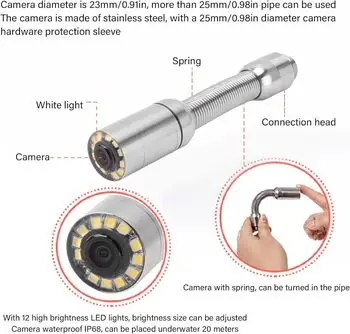 Câmera Boroscópio Profissional 23mm CMOS 145 °   Câmera de inspeção de esgoto/tubo de drenagem com SD/DVR, cabeça de equilíbrio