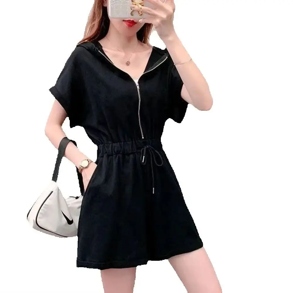 

Women's Casual Jumpsuits Rompers Summer New Small Hooded Wide Leg Pants Bodysuit Korean Style Waist Tied Shorts Sets Playsuits
