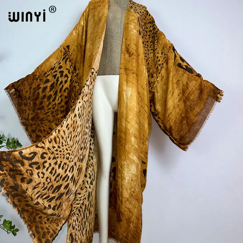 WINYI Summer Bohemian leopard print Beach Wear Swim Suit Cover up Europe women Cardigan colorful sexy Holiday long Sleeve Kimono